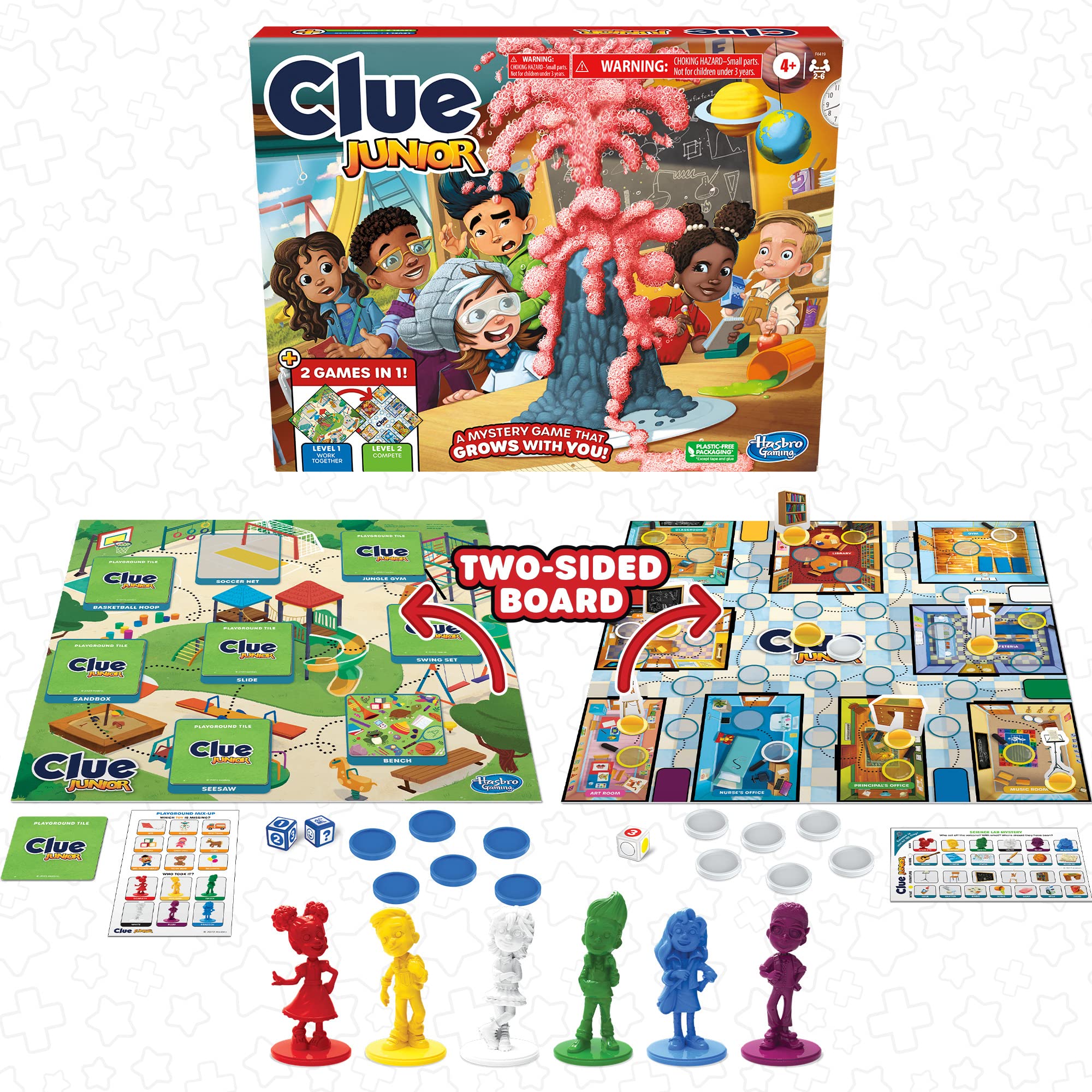 Hasbro Gaming Clue Junior double-sided gameboard highlights grow-with-me play for young detectives.