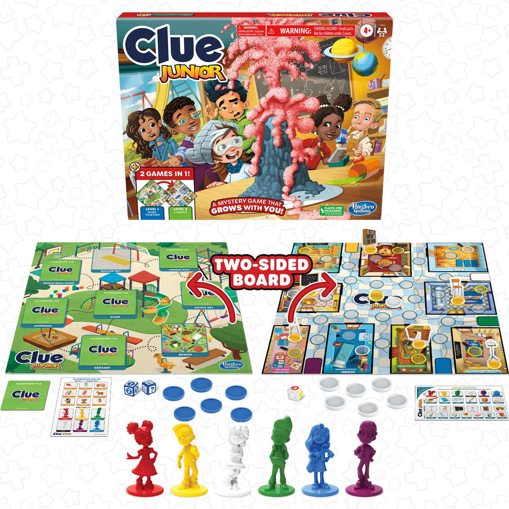 Hasbro Gaming Clue Junior double-sided gameboard highlights grow-with-me play for young detectives.