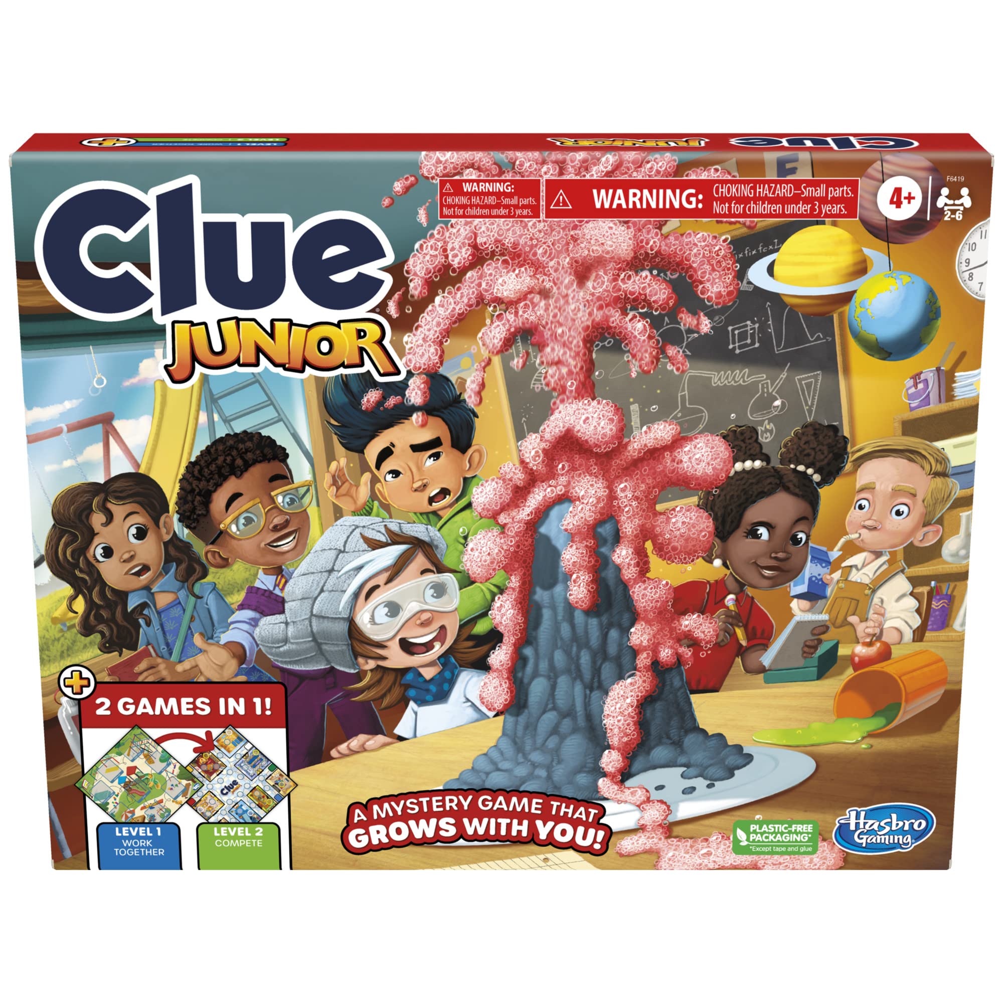 Hasbro Gaming Clue Junior playground mix-up scene supports cooperative problem solving during play.