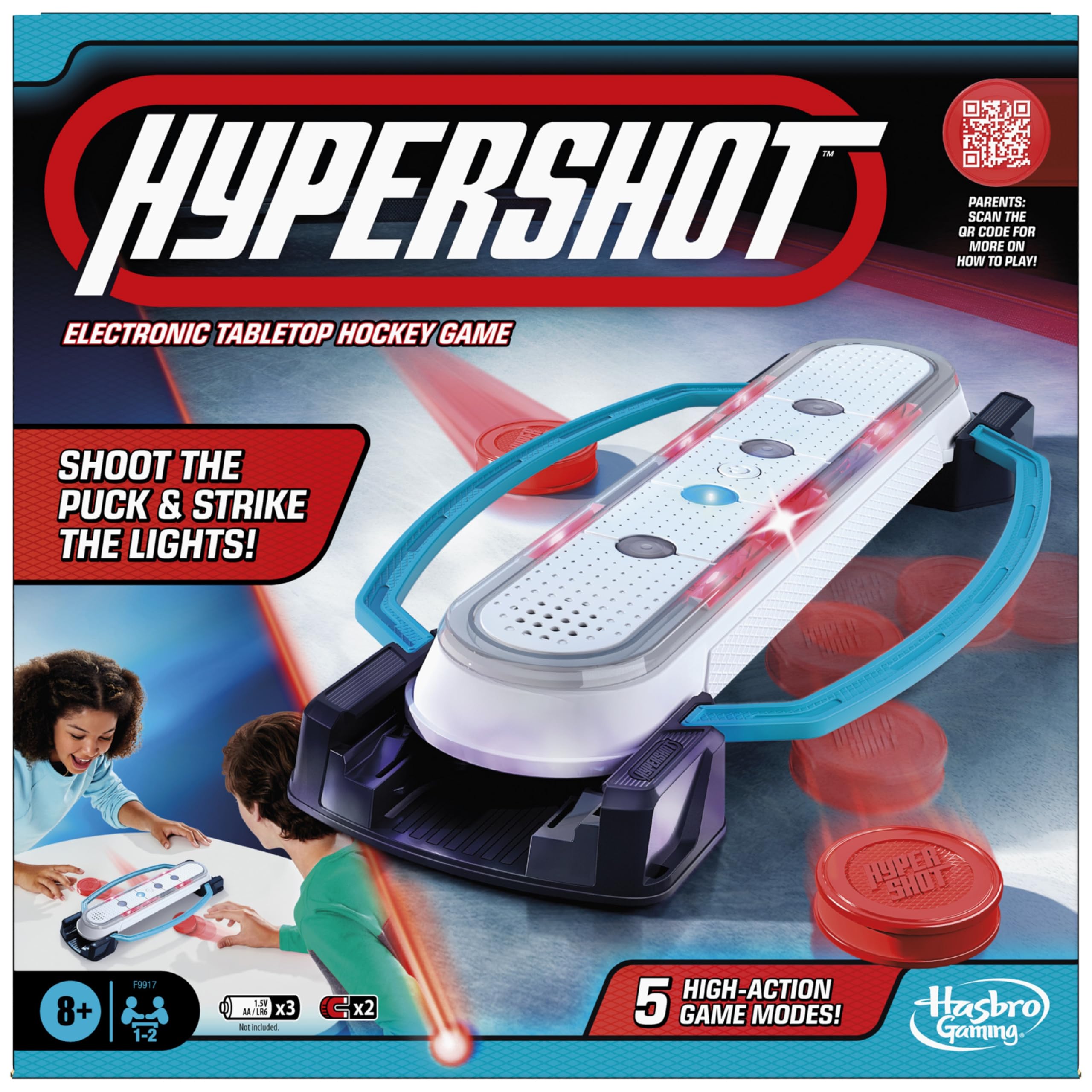 Hasbro Gaming Hypershot top view shows compact tabletop hockey in action for quick play.