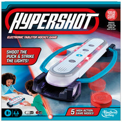 Hasbro Gaming Hypershot top view shows compact tabletop hockey in action for quick play.