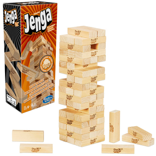 Hasbro Gaming Jenga original blocks close-up showing authentic hardwood pieces for classic gameplay