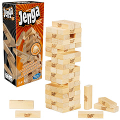 Hasbro Gaming Jenga original blocks close-up showing authentic hardwood pieces for classic gameplay