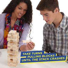 Hasbro Gaming Jenga stacking sleeve storage highlights easy cleanup and portable setup