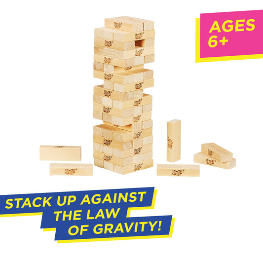 Hasbro Gaming Jenga tower-building in progress capturing the tense moment of play