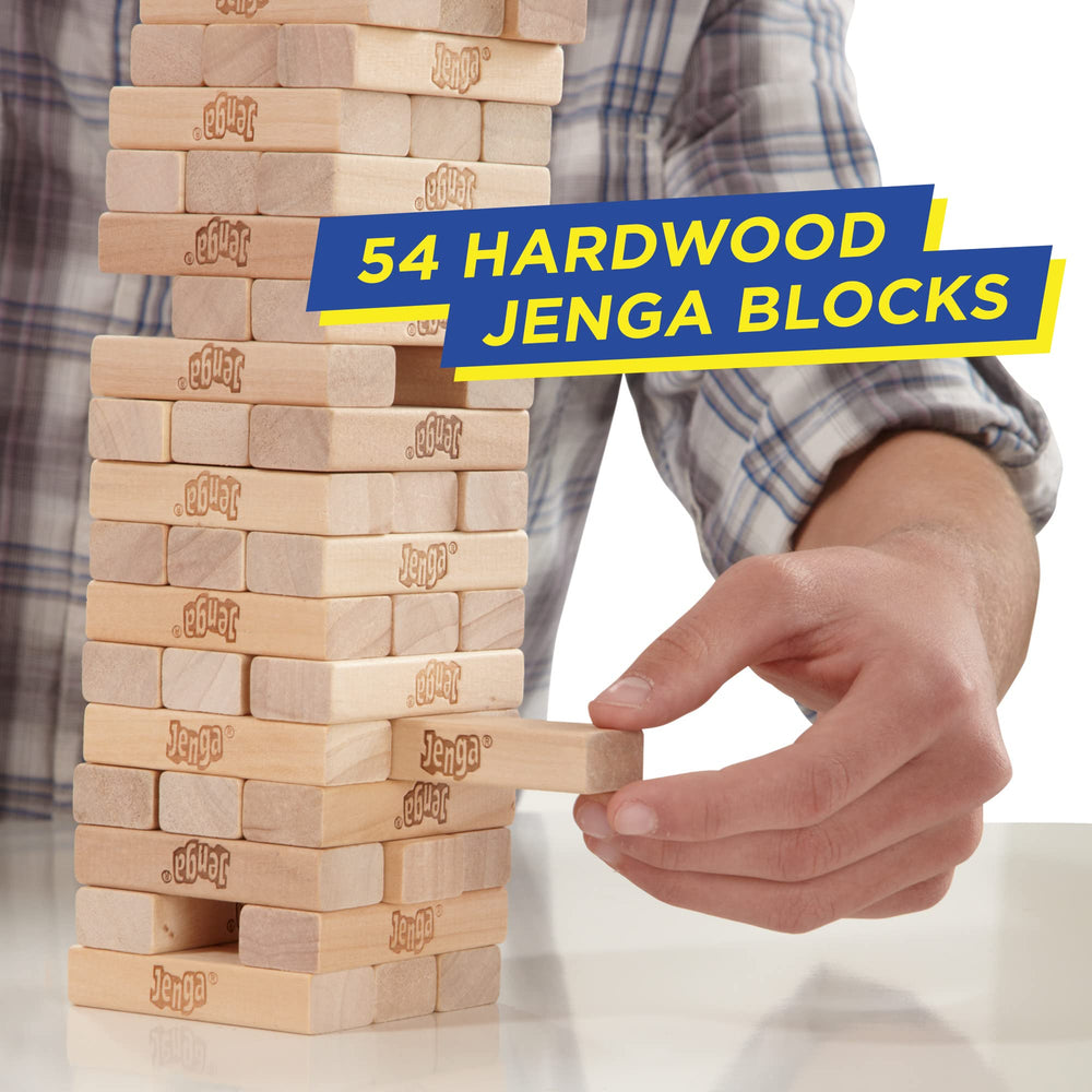 Hasbro Gaming Jenga tower-topple moment illustrating suspense and shared laughter