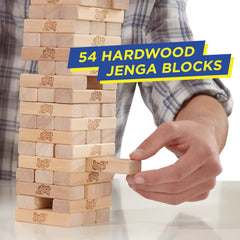 Hasbro Gaming Jenga tower-topple moment illustrating suspense and shared laughter