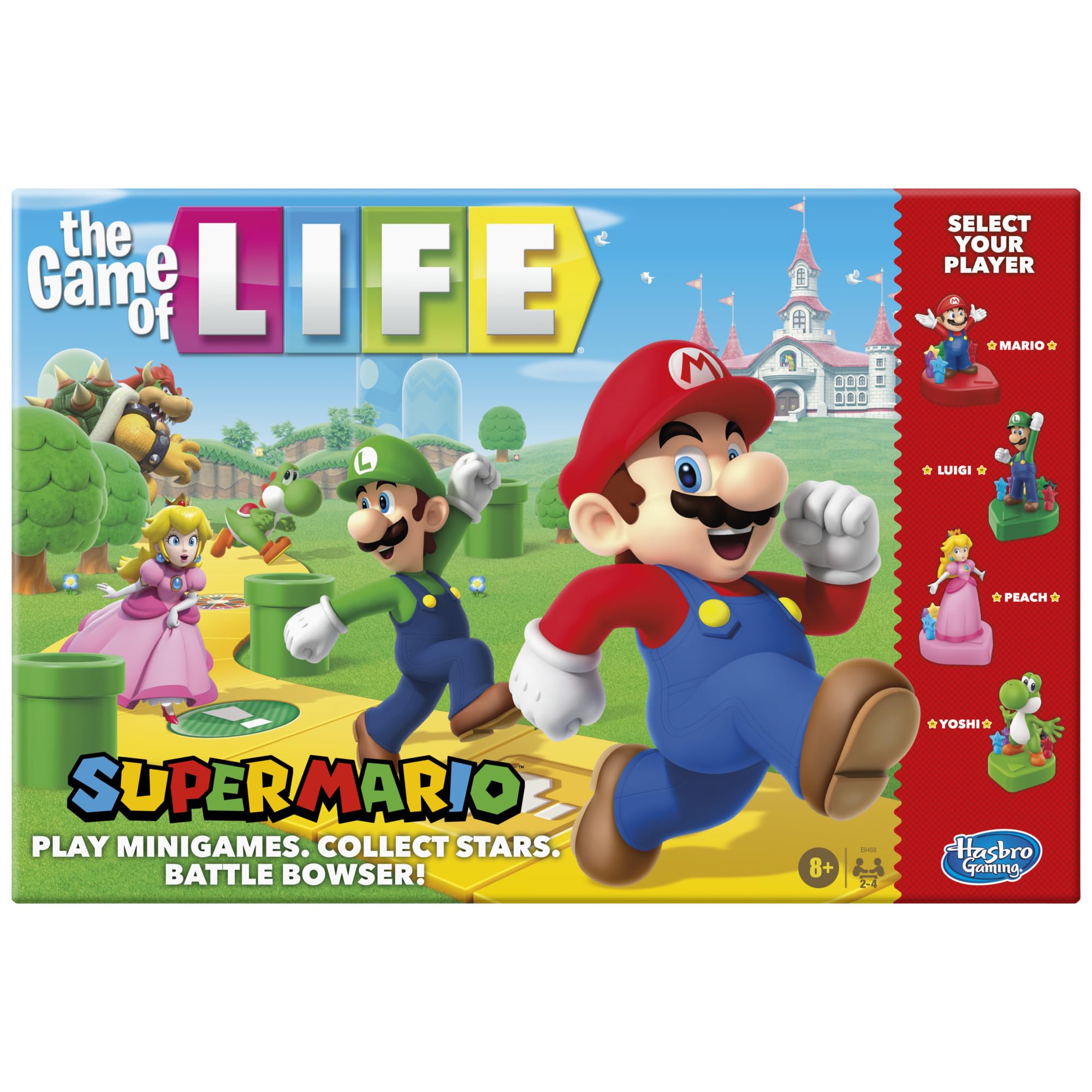 Hasbro Gaming The Game of Life: Super Mario Edition box front showcasing colorful Mario art for family fun.