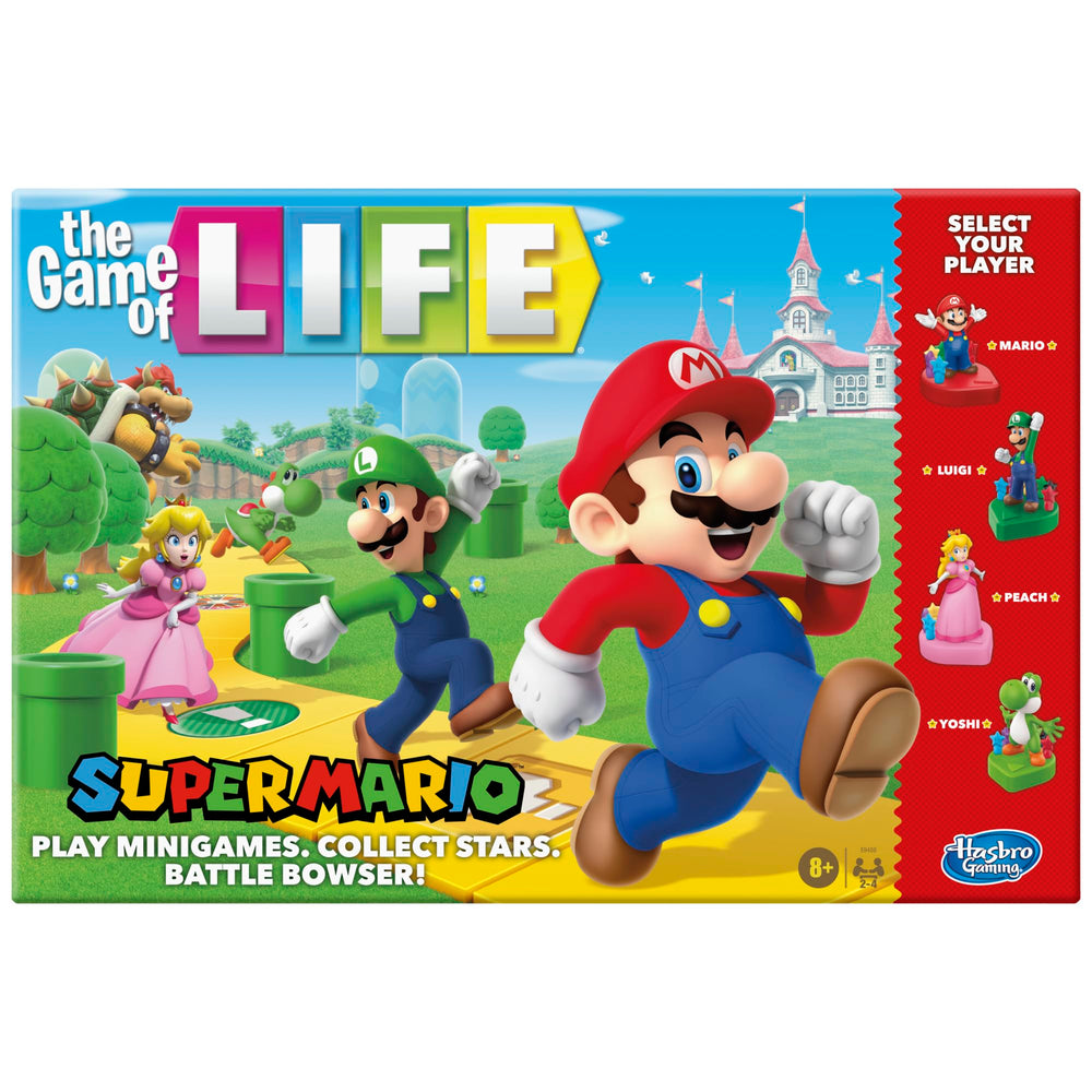 Hasbro Gaming The Game of Life: Super Mario Edition box front showcasing colorful Mario art for family fun.