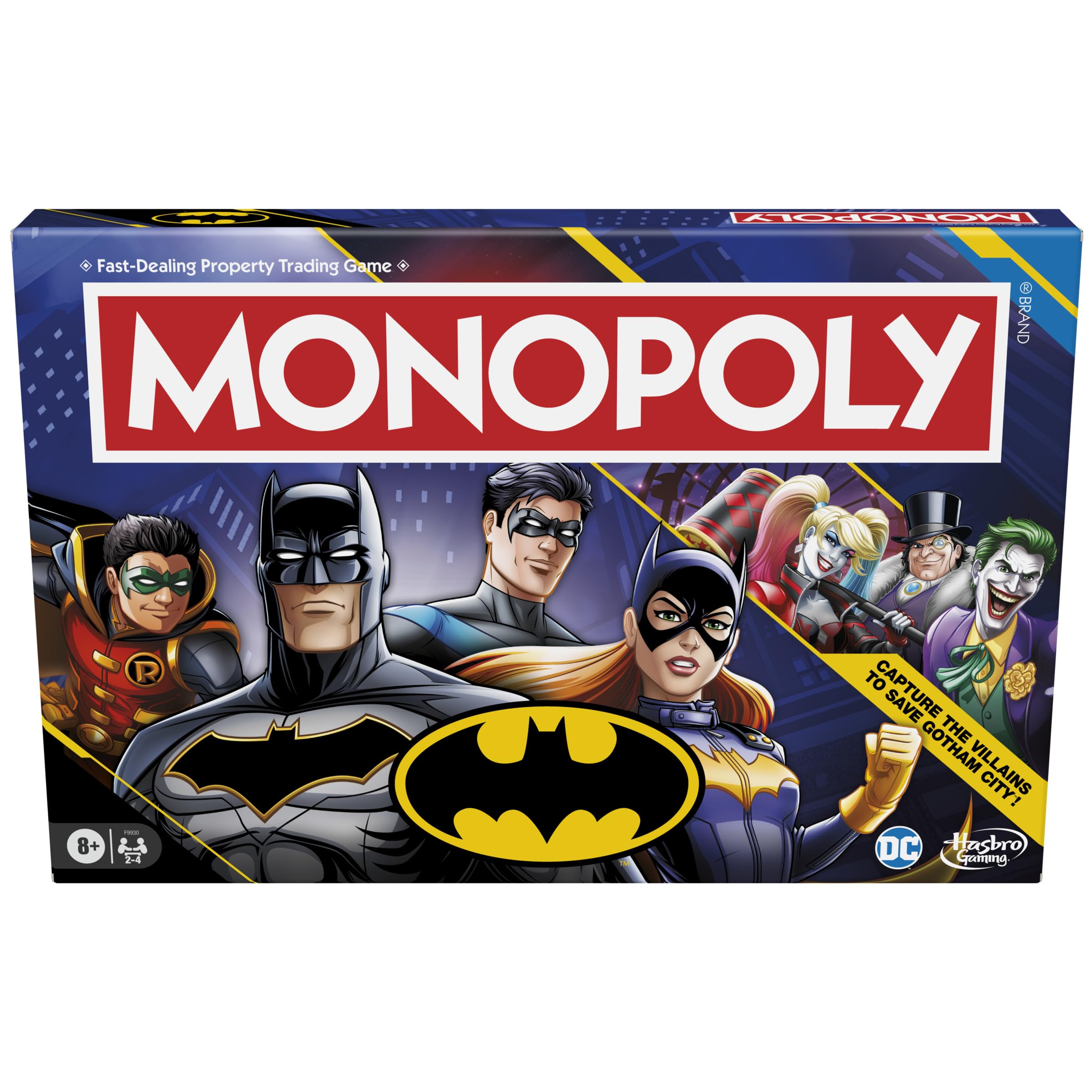 Hasbro Gaming Monopoly Batman Edition board-game-cover highlights Batman, ideal for display before game night.