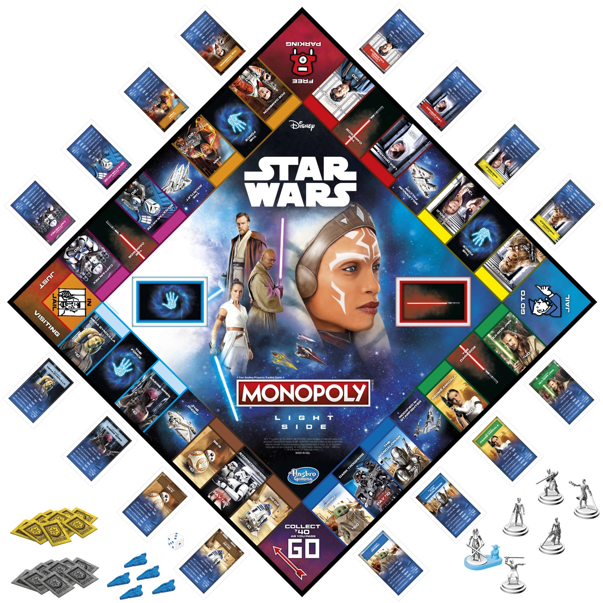 Hasbro Gaming Monopoly Star Wars Light Side force cards showcase strategic boosts.
