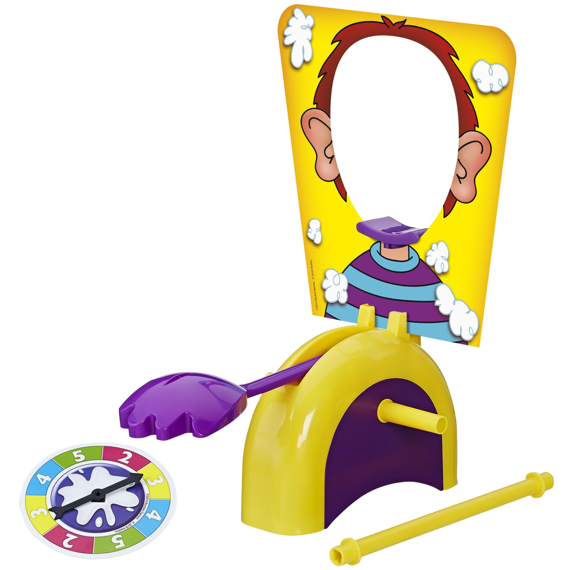 Hasbro Gaming Pie Face Game head-through-mask moment inspires shared laughter.