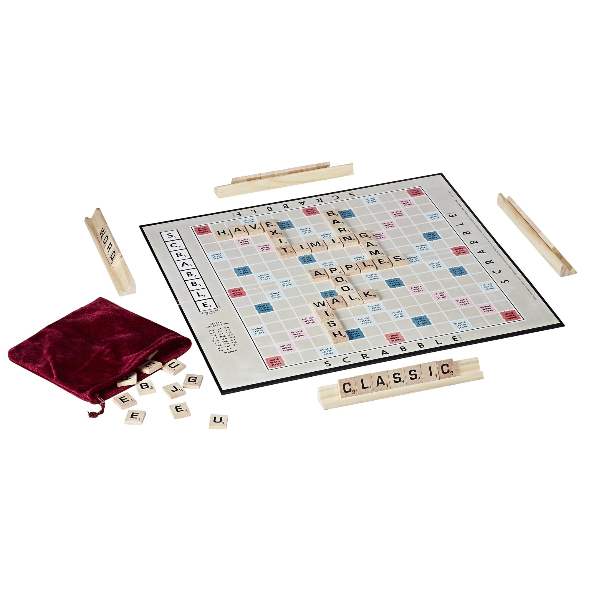 Hasbro Gaming Scrabble 1949 edition wooden racks organize tiles for quick, efficient play.