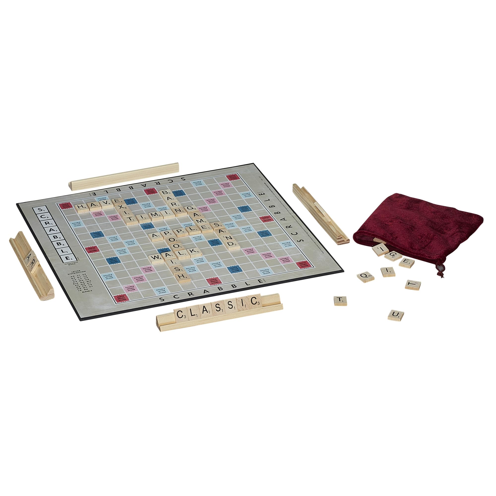 Hasbro Gaming Scrabble 1949 edition velvet tile pouch keeps tiles neat and portable.