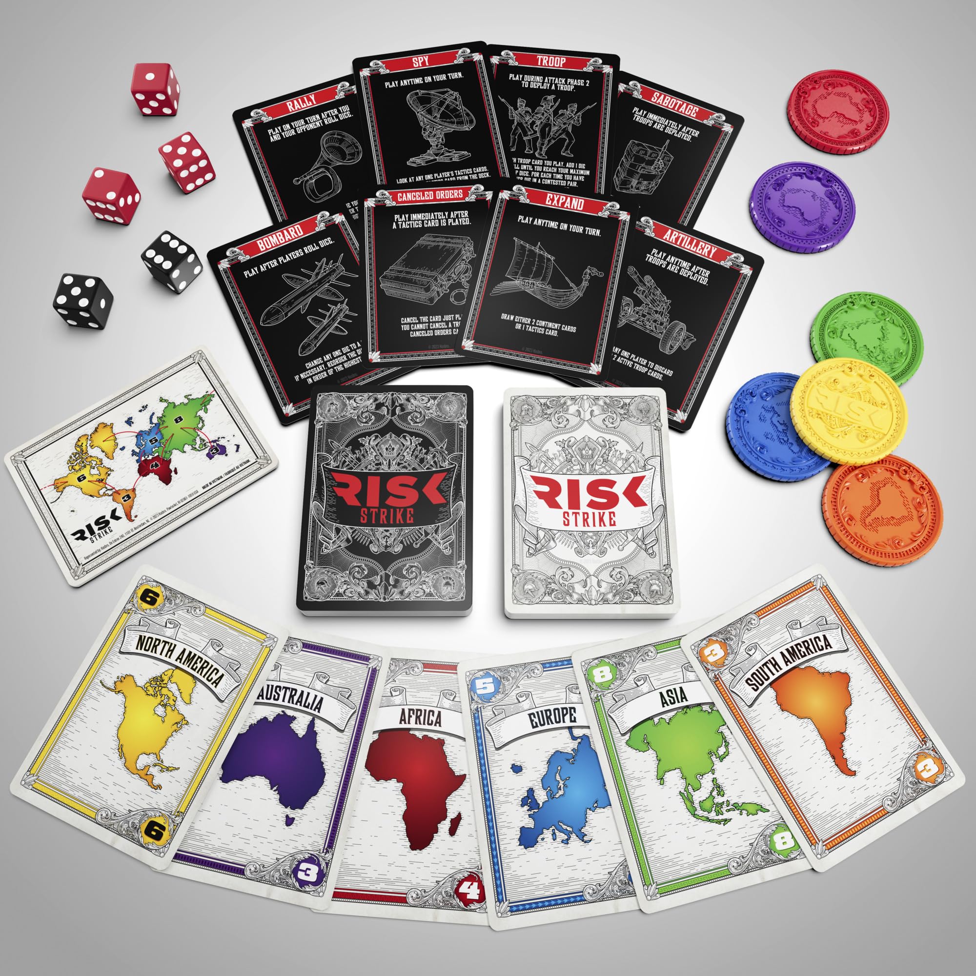 Hasbro Gaming Risk Strike continent cards guide global conquest.