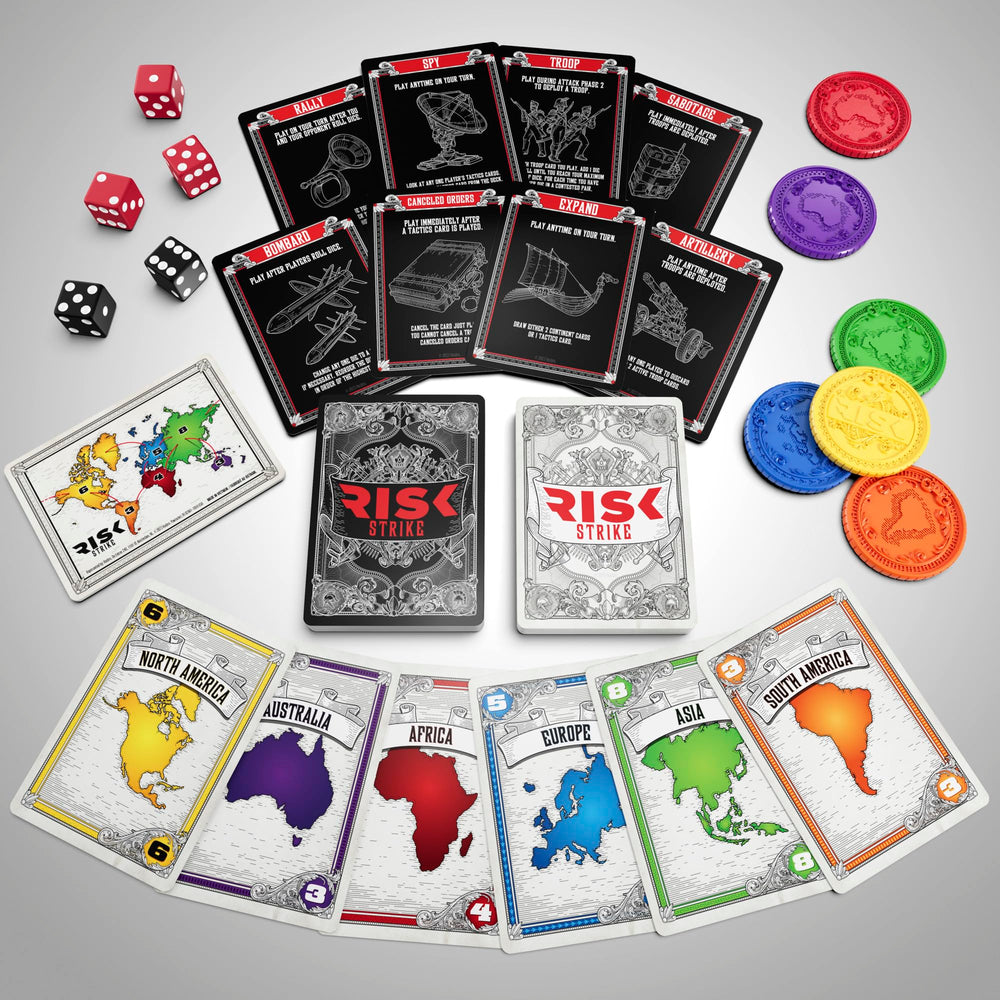 Hasbro Gaming Risk Strike continent cards guide global conquest.