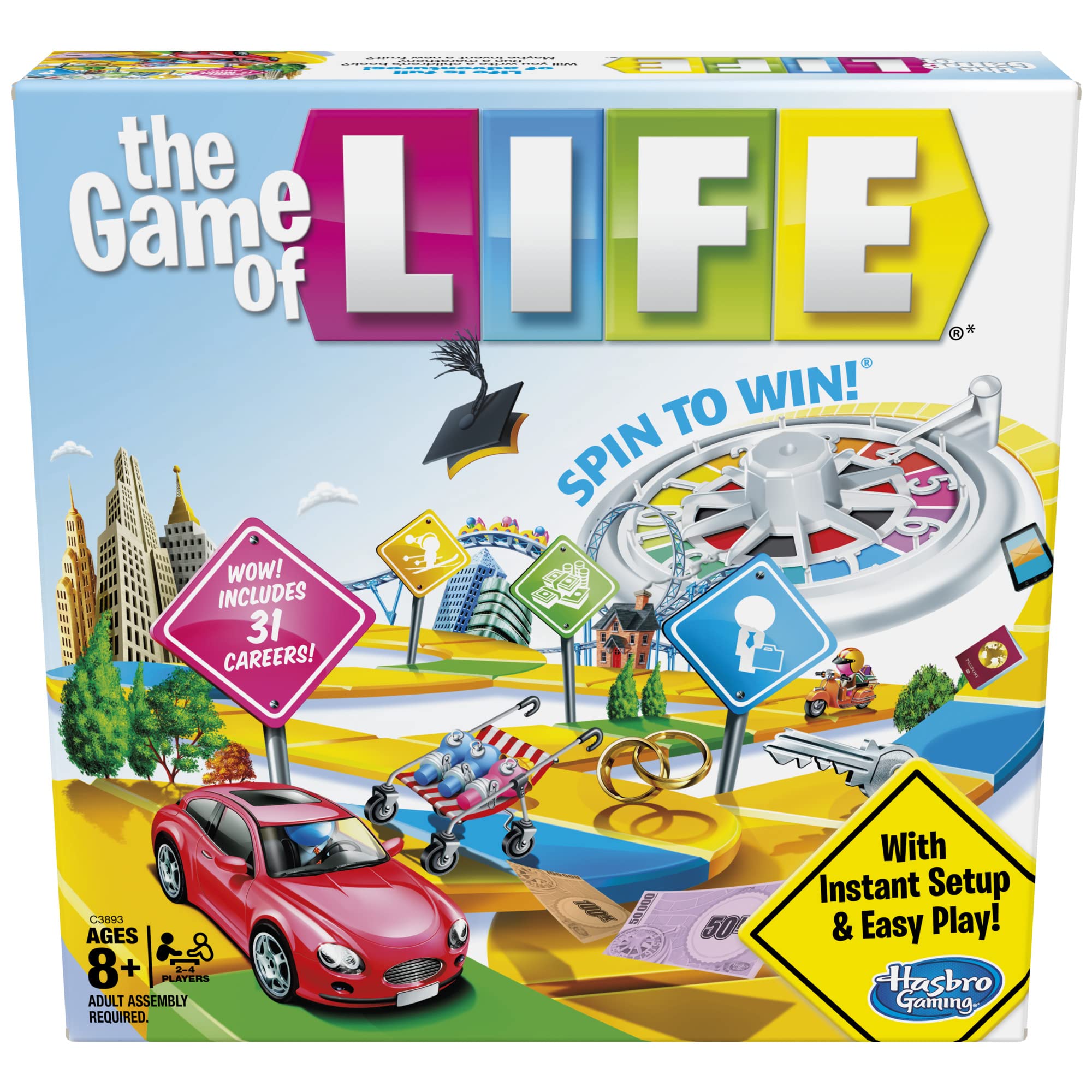 Hasbro Gaming The Game of Life setup scene with the car token ready to begin