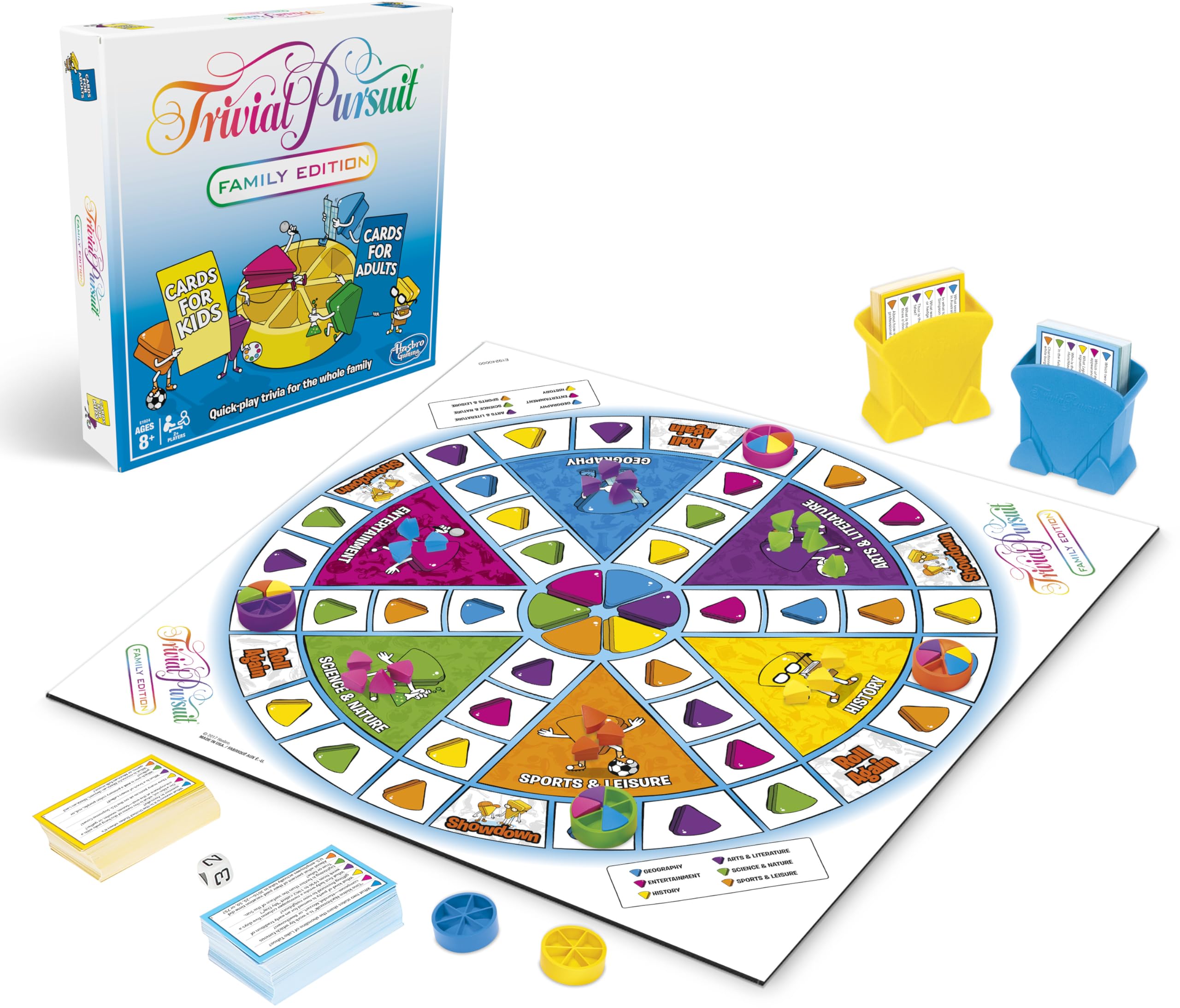 Hasbro Gaming Trivial Pursuit Family Edition gameboard with wedges for family-friendly competition.