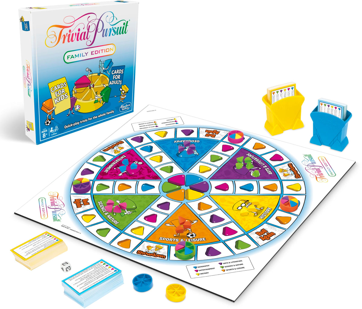 Hasbro Gaming Trivial Pursuit Family Edition gameboard with wedges for family-friendly competition.