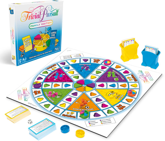 Hasbro Gaming Trivial Pursuit Family Edition gameboard with wedges for family-friendly competition.