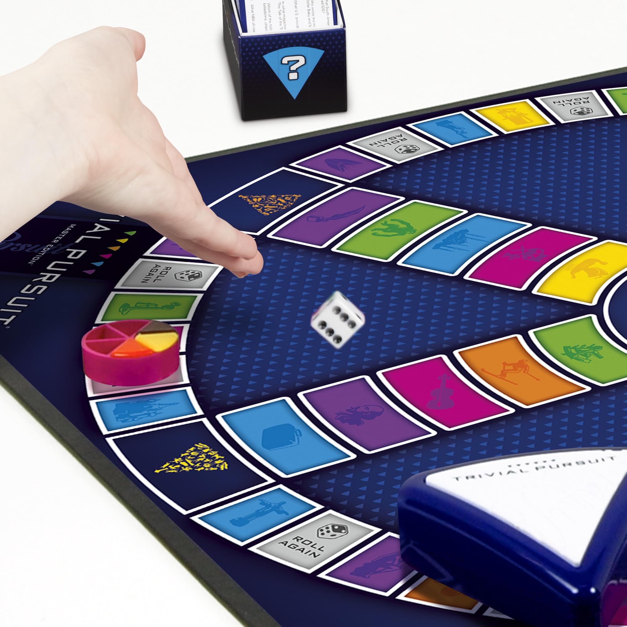 Hasbro Gaming Trivial Pursuit Master Edition game pieces and wedges support quick scoring.