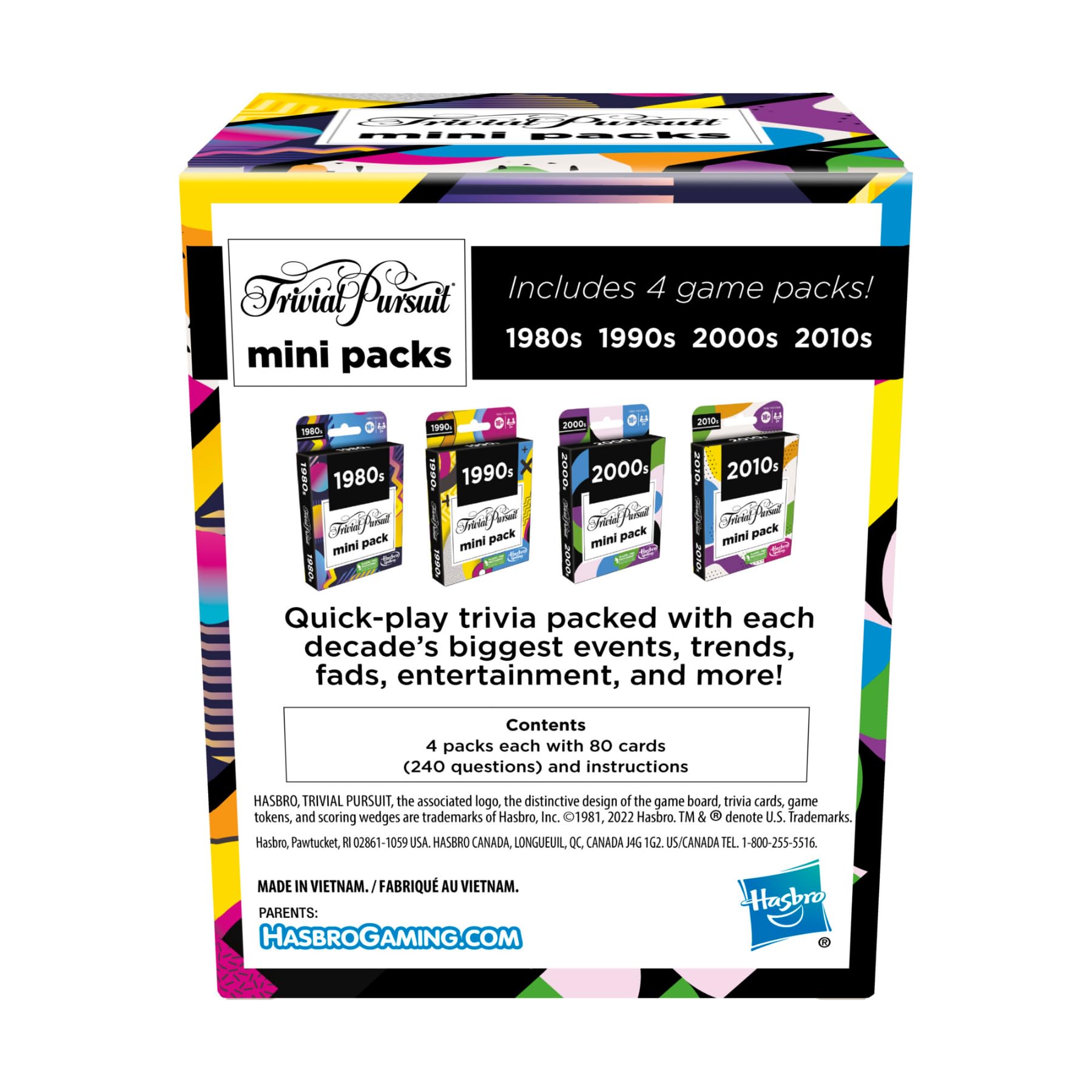 Hasbro Gaming Trivial Pursuit Mini Pack four-decade set boosts party entertainment.