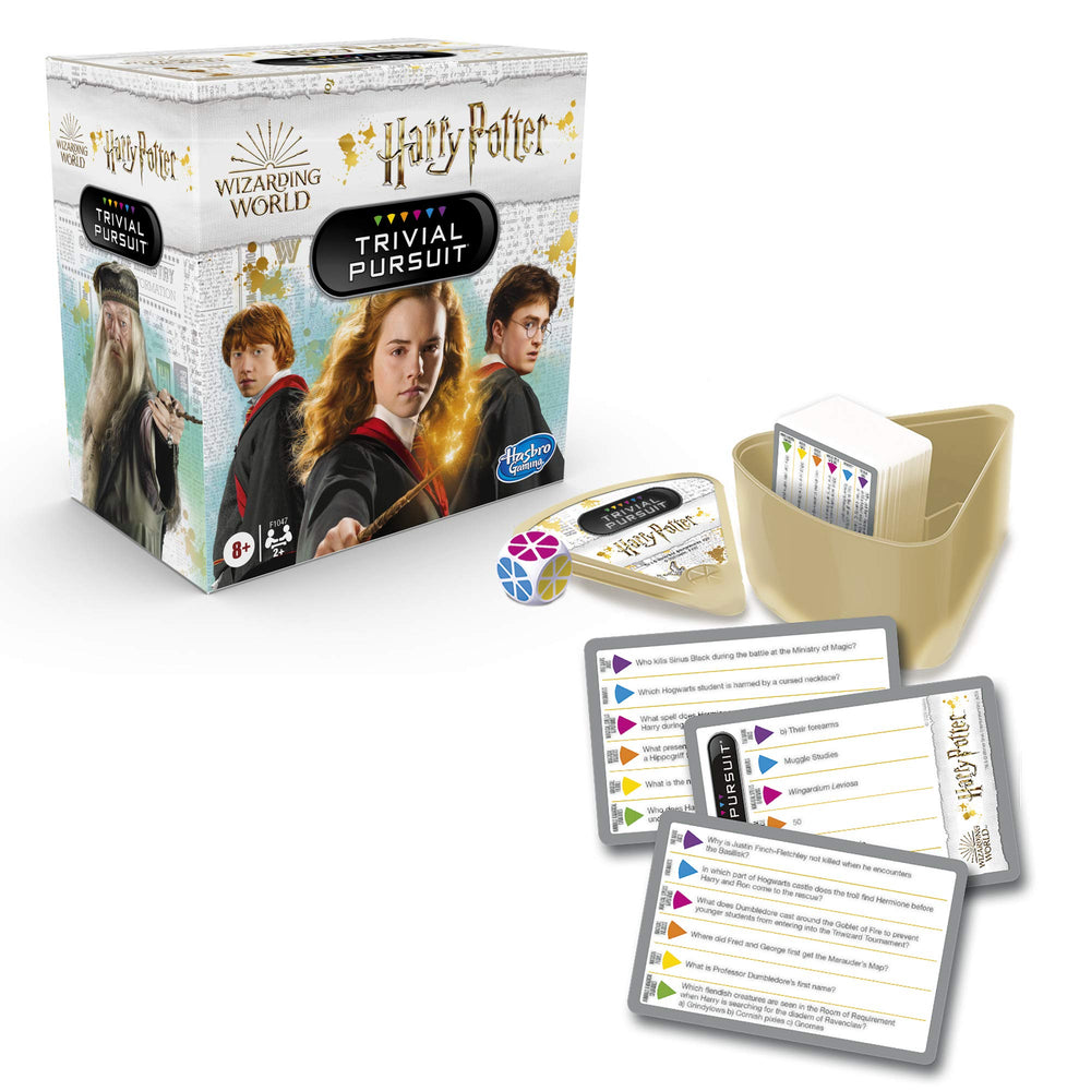 Hasbro Gaming Trivial Pursuit Wizarding World cards spread for a family quiz night.