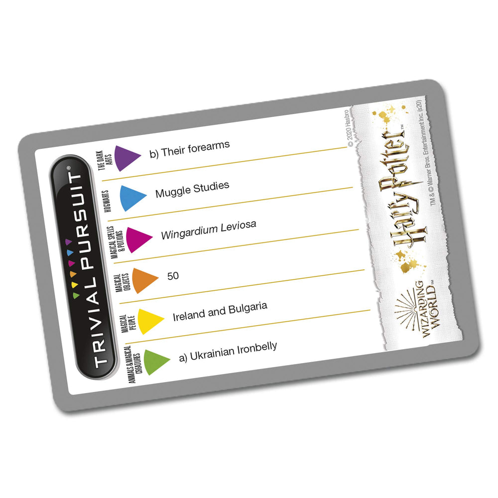 Hasbro Gaming Trivial Pursuit Wizarding World character cards featuring iconic names for play.