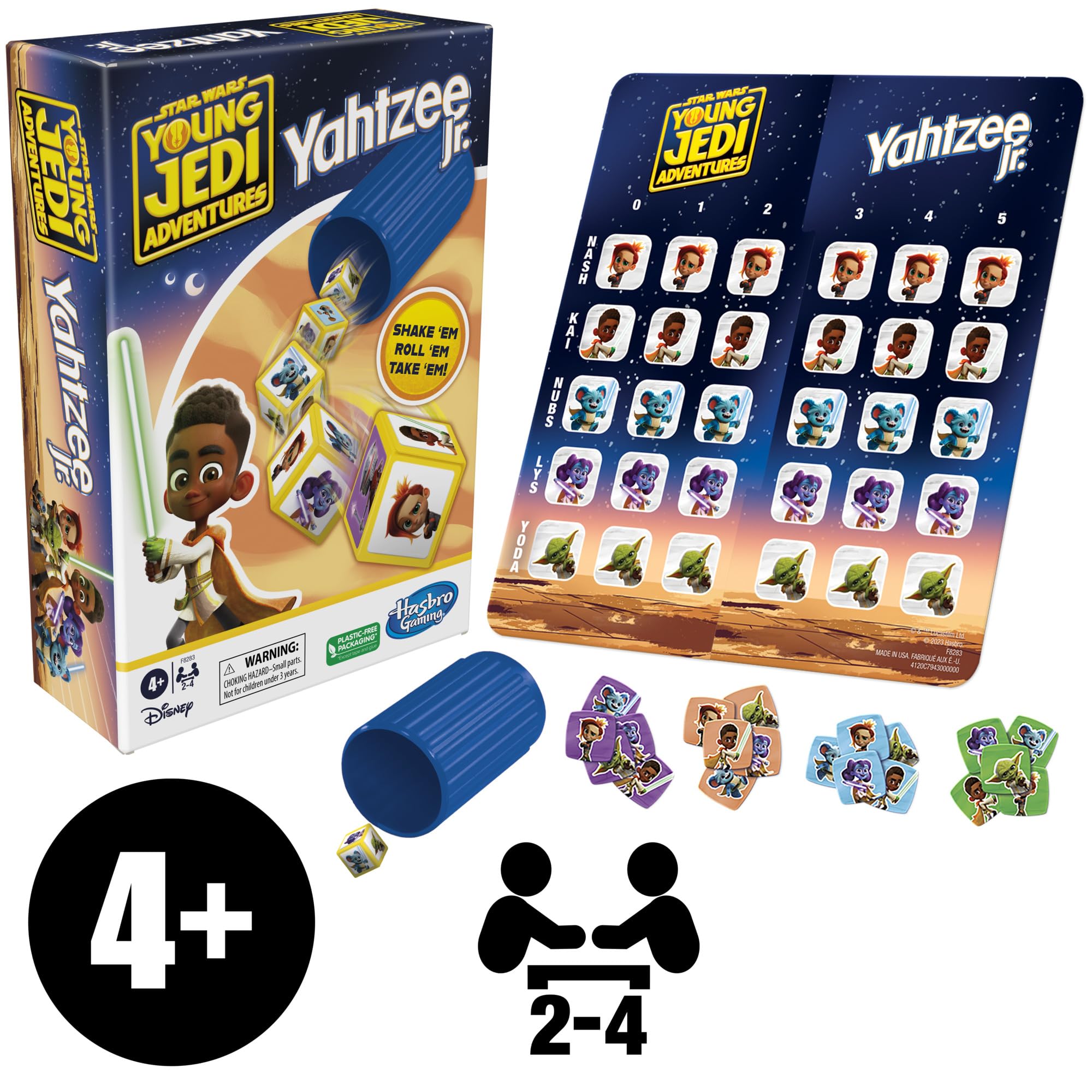 Hasbro Yahtzee Jr. Star Wars scoreboard helps kids track points in family games.