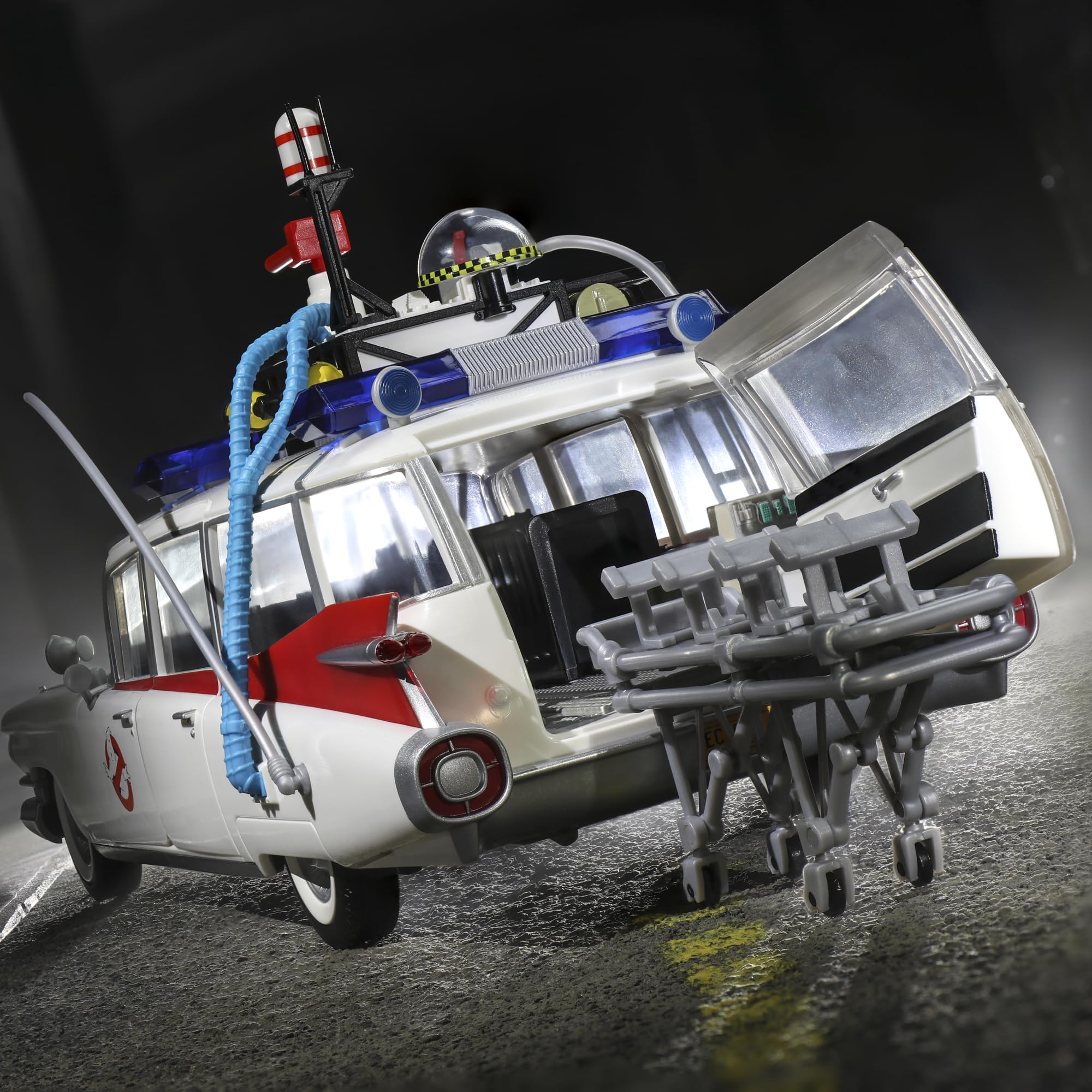Hasbro Ghostbusters Ecto-1 1984 rear view with gurney detail.