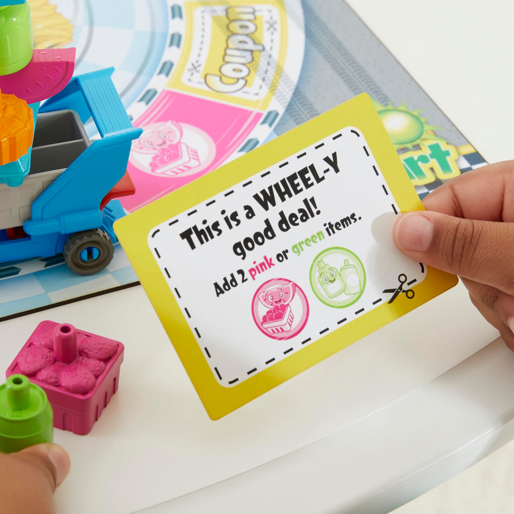 Hasbro Grocery Go Karts 32-connectable-groceries, enabling varied stacking across rounds.