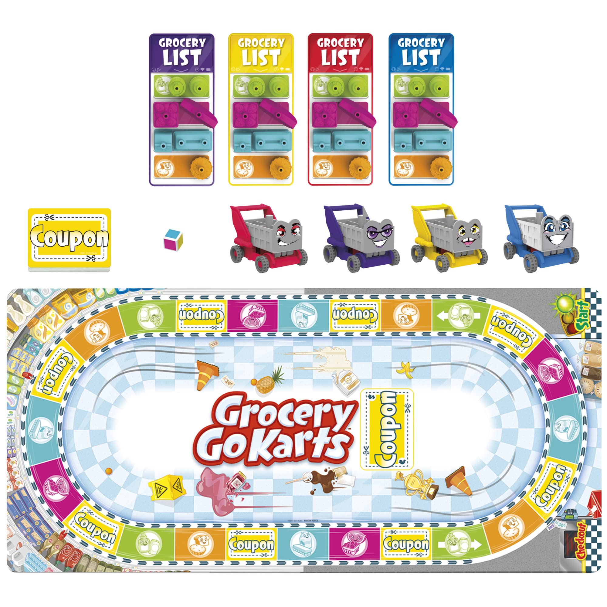 Hasbro Grocery Go Karts groceries-on-kart display, showing stack-and-build fun for preschoolers.