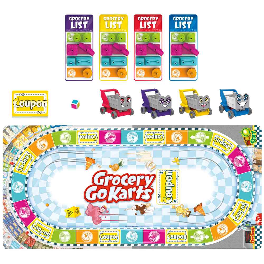 Hasbro Grocery Go Karts groceries-on-kart display, showing stack-and-build fun for preschoolers.