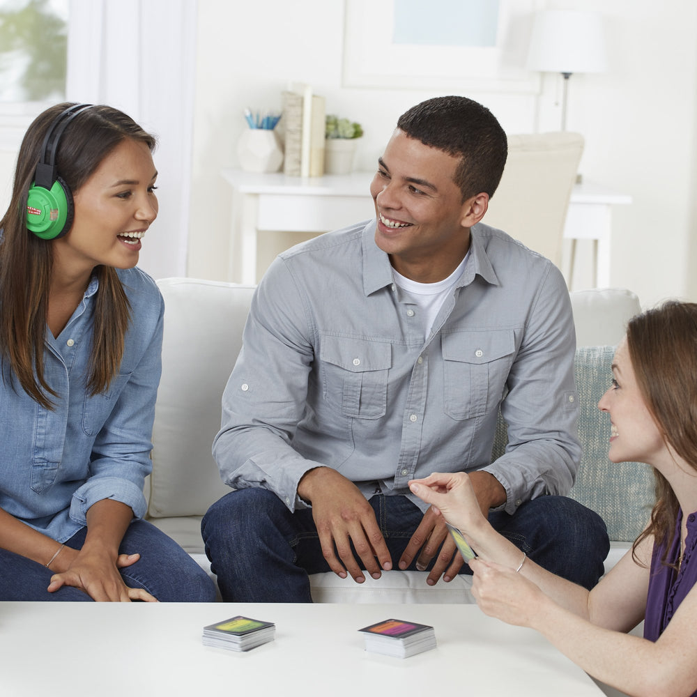 Hasbro Hearing Things game cards displaying 600 phrases for guessing during party play.
