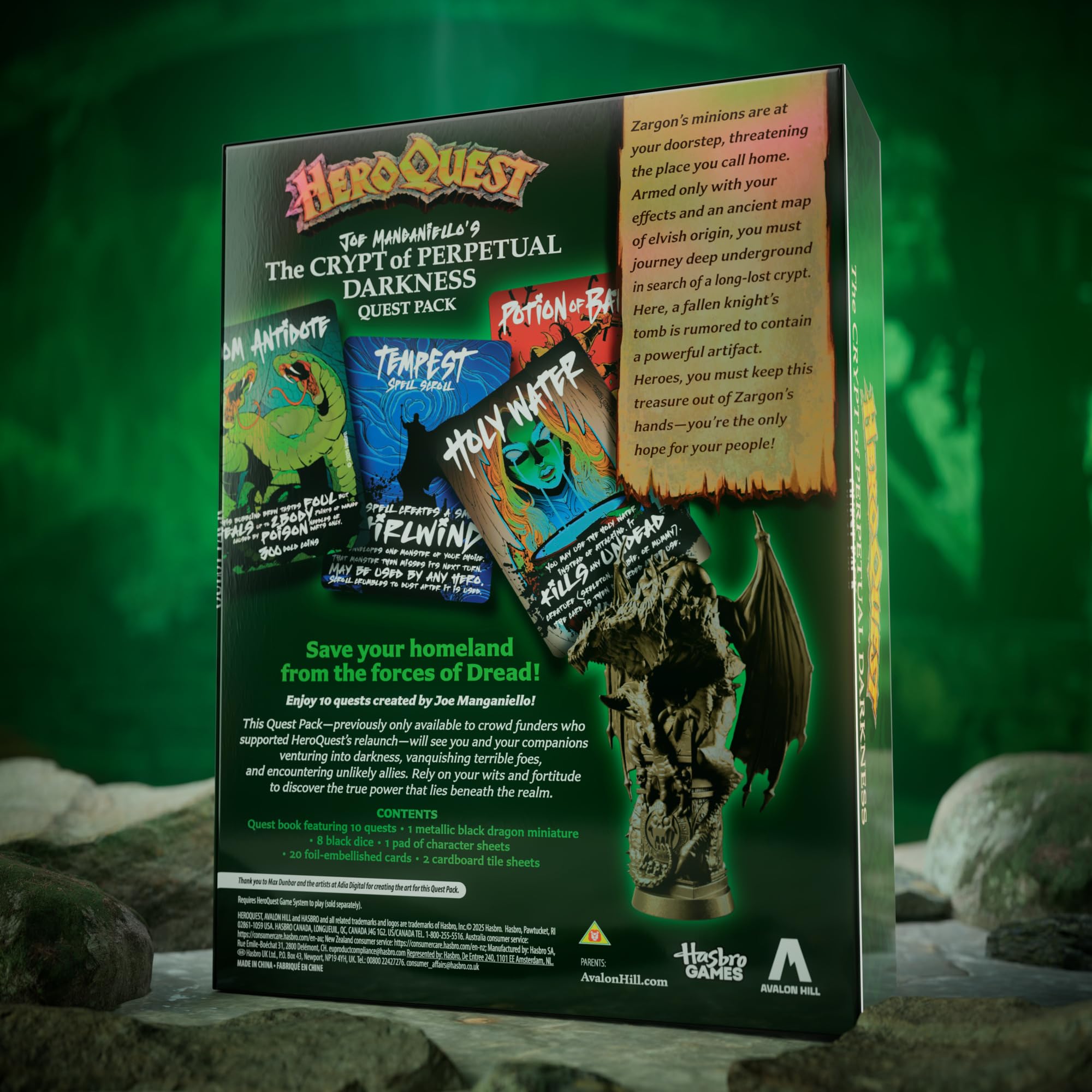 Hasbro HeroQuest black dragon miniature enhances boss battles in cooperative play.