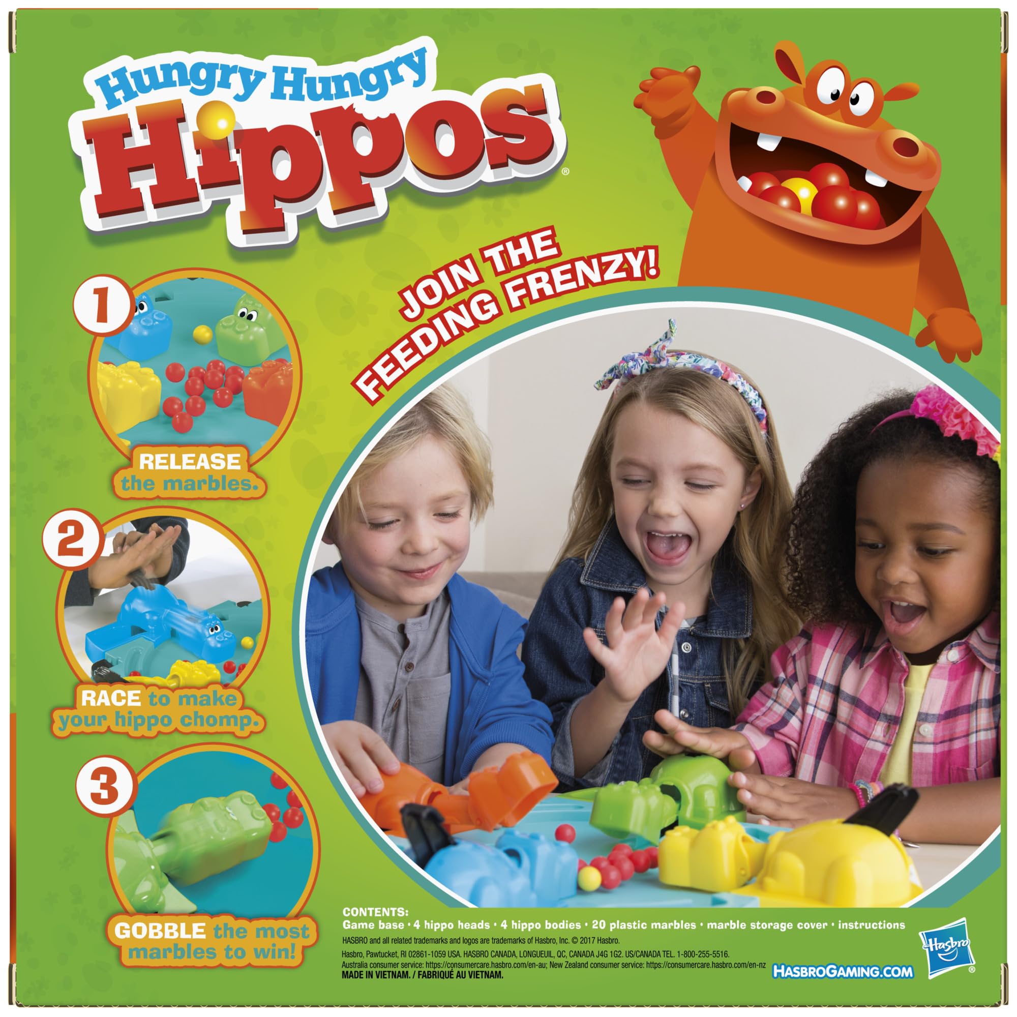Hasbro Hungry Hungry Hippos marble storage keeps play area tidy.