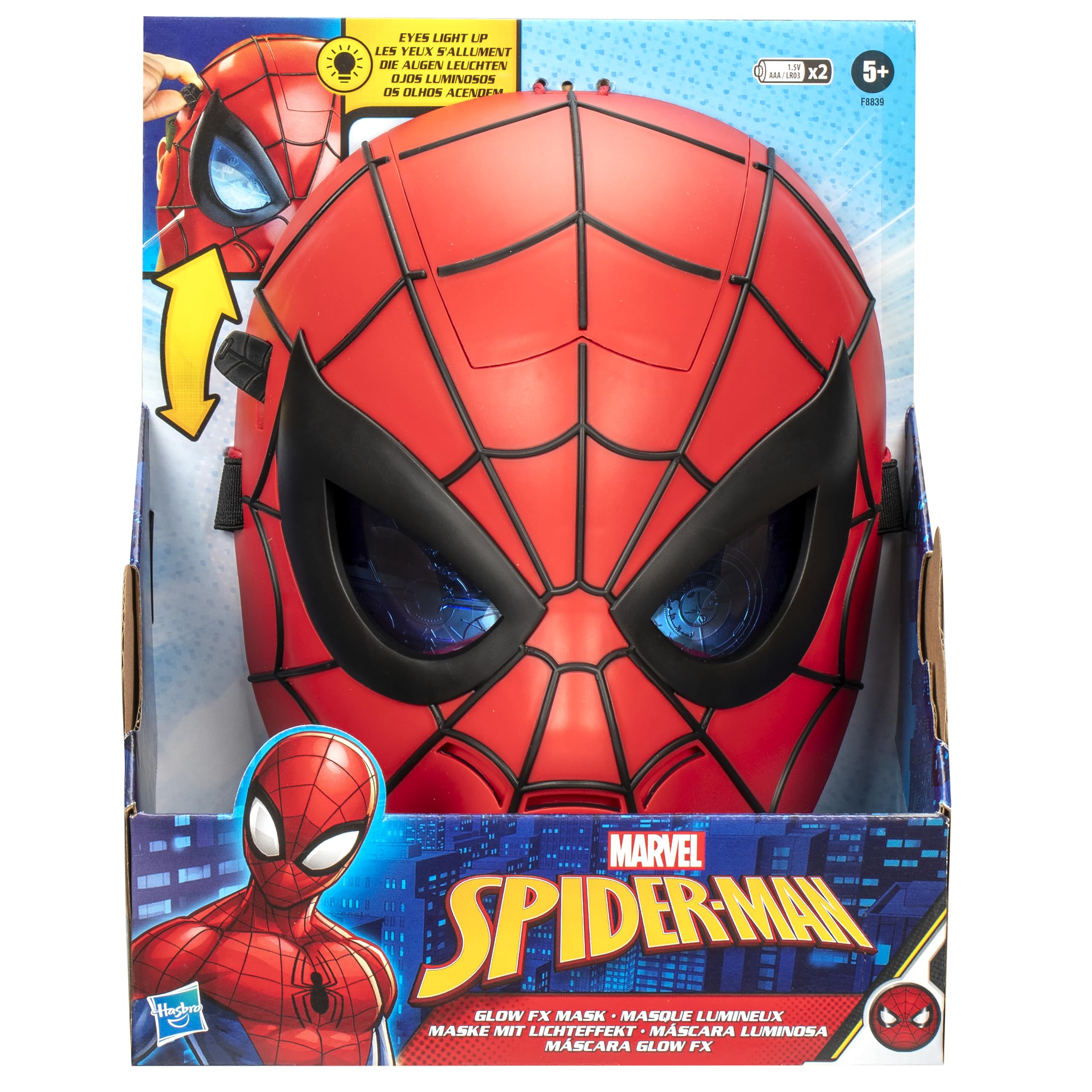 Hasbro Marvel Spider-Man Glow FX Mask eye lenses lit for immersive nighttime adventures.