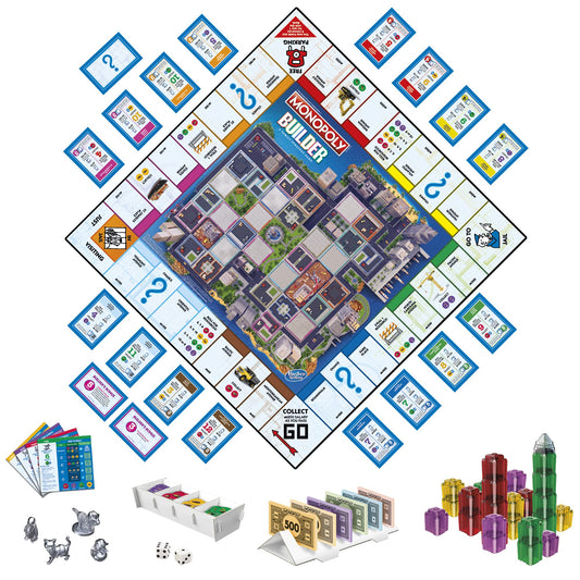 Hasbro Gaming Monopoly Builder island board shown for stacking towers and strategic play