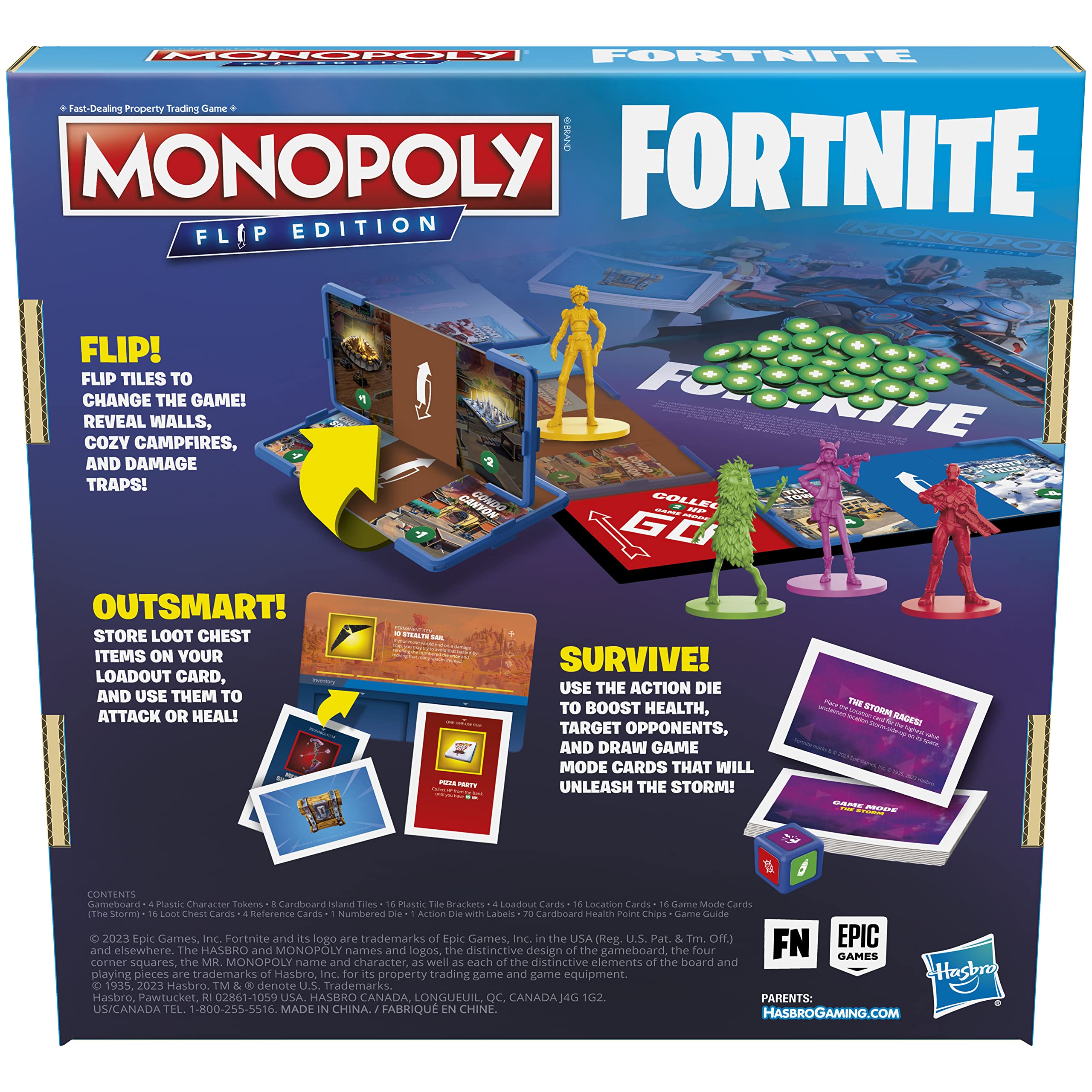 Hasbro Monopoly Flip Edition Fortnite island tiles flipping to reveal hazards.