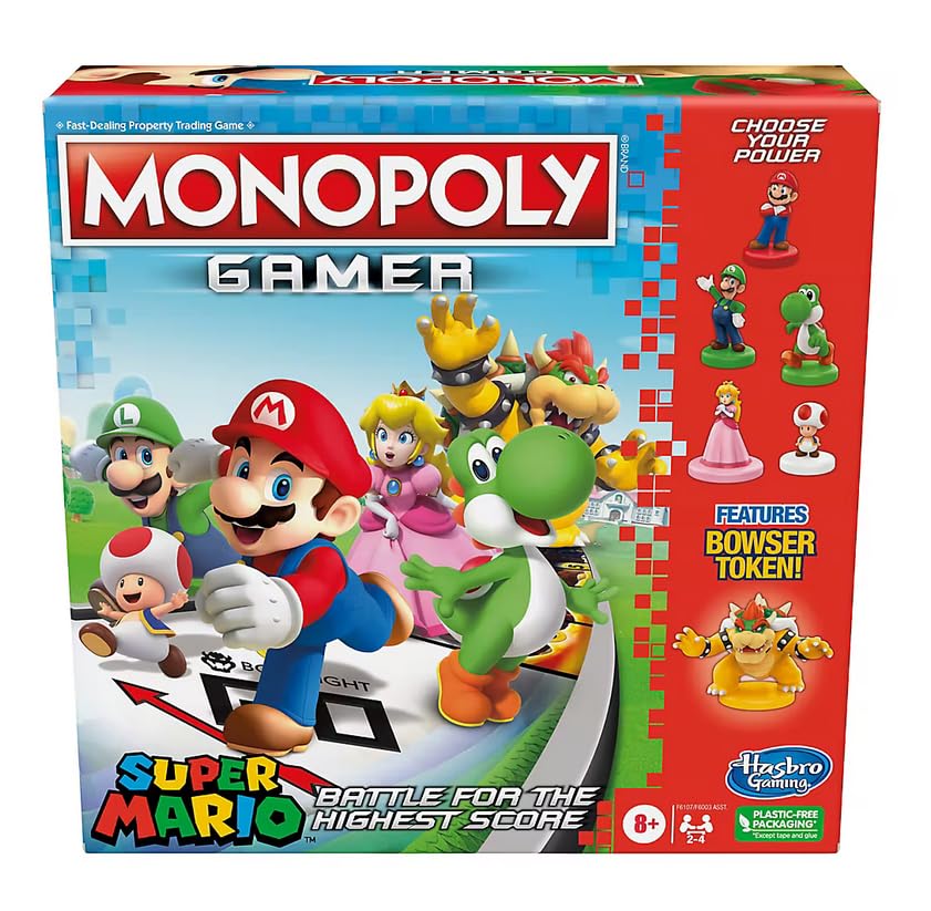 Hasbro Monopoly Gamer Super Mario board game with Mario token for family-friendly play.