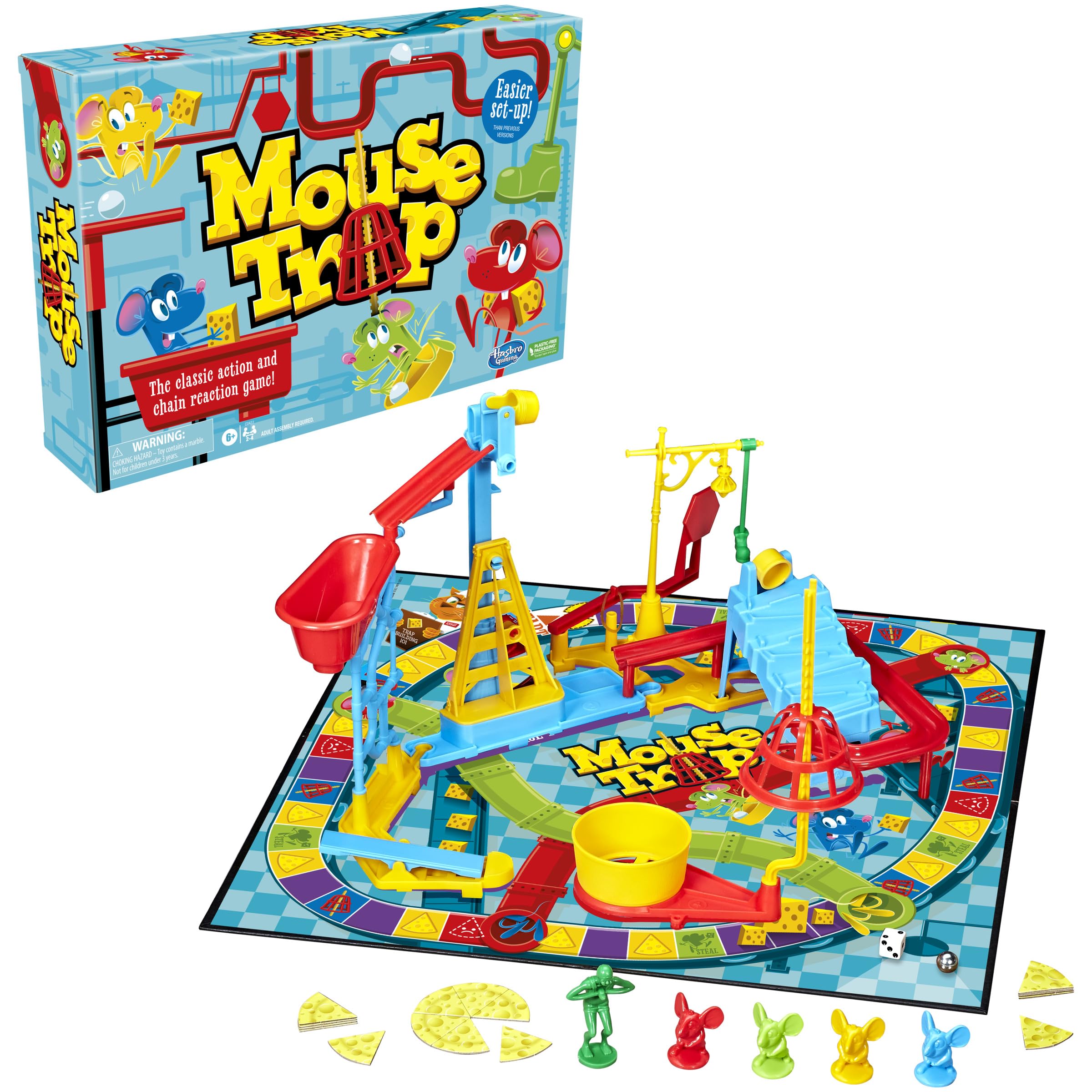 Hasbro Mouse Trap board view highlights the colorful setup for family game night.