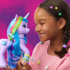 Hasbro Izzy Moonbow rainbow hair length adjustable with purple ribbon