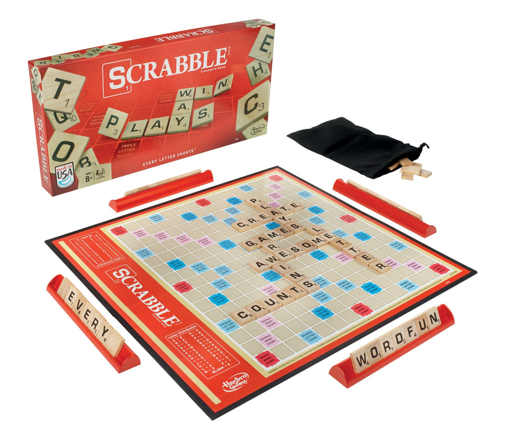 Hasbro Scrabble board with premium squares boosts strategic scoring.