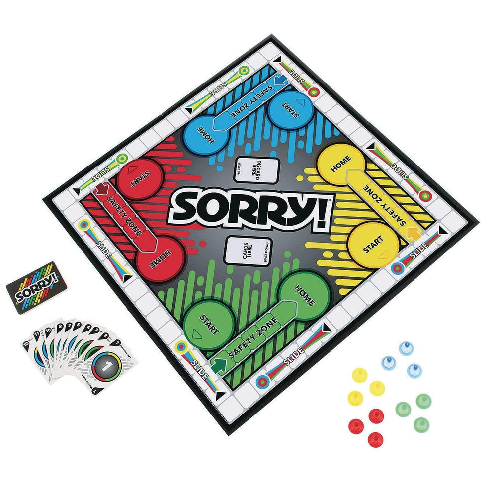 Hasbro Sorry cards and power-ups introduce surprises that keep rounds lively.