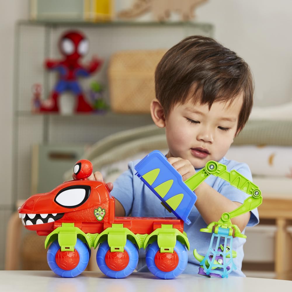 Hasbro Spidey Dinowebs Crawler flip wheels enable pretend flying and fast chases.