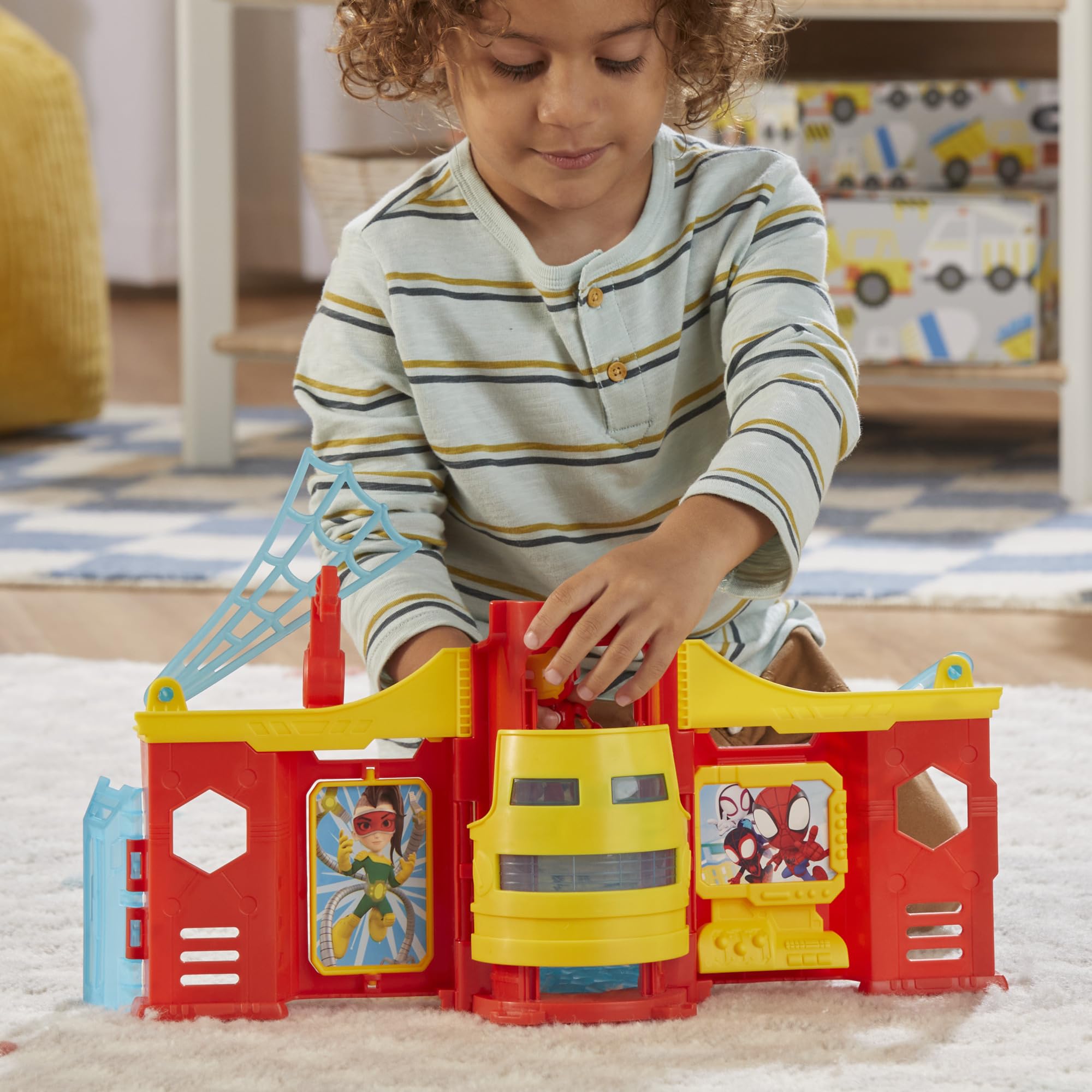 Hasbro Spidey Stark Tower folds compactly for easy storage.