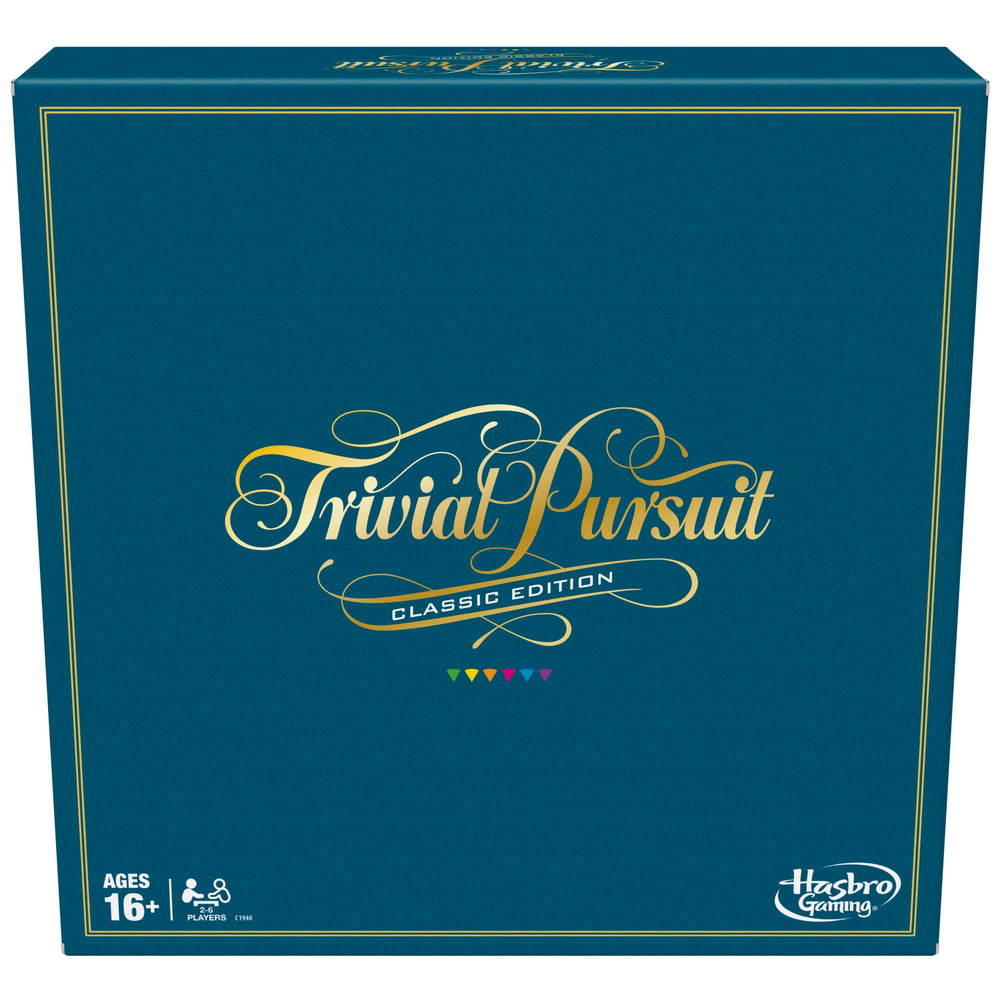 Hasbro Trivial Pursuit Classic Edition board with colorful wedges for timeless trivia fun.