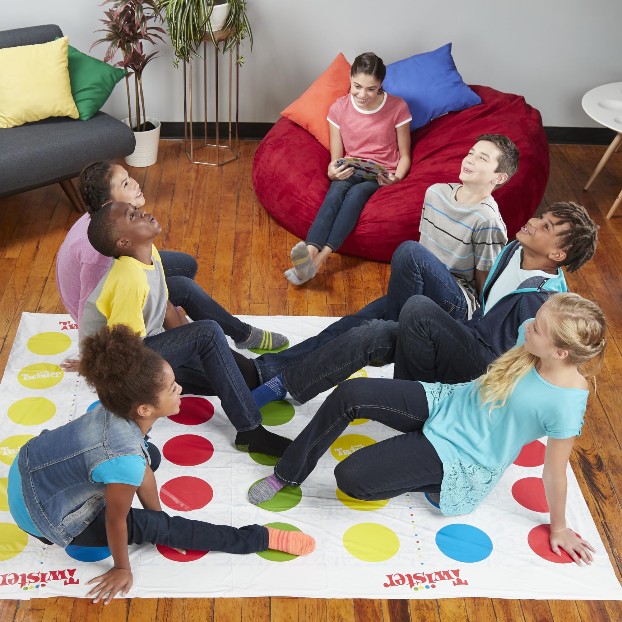 Hasbro Twister Ultimate indoor-outdoor use on smooth surfaces.