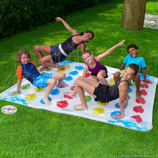 Hasbro Twister Ultimate Splash in action with players twisting on a sprayed surface.