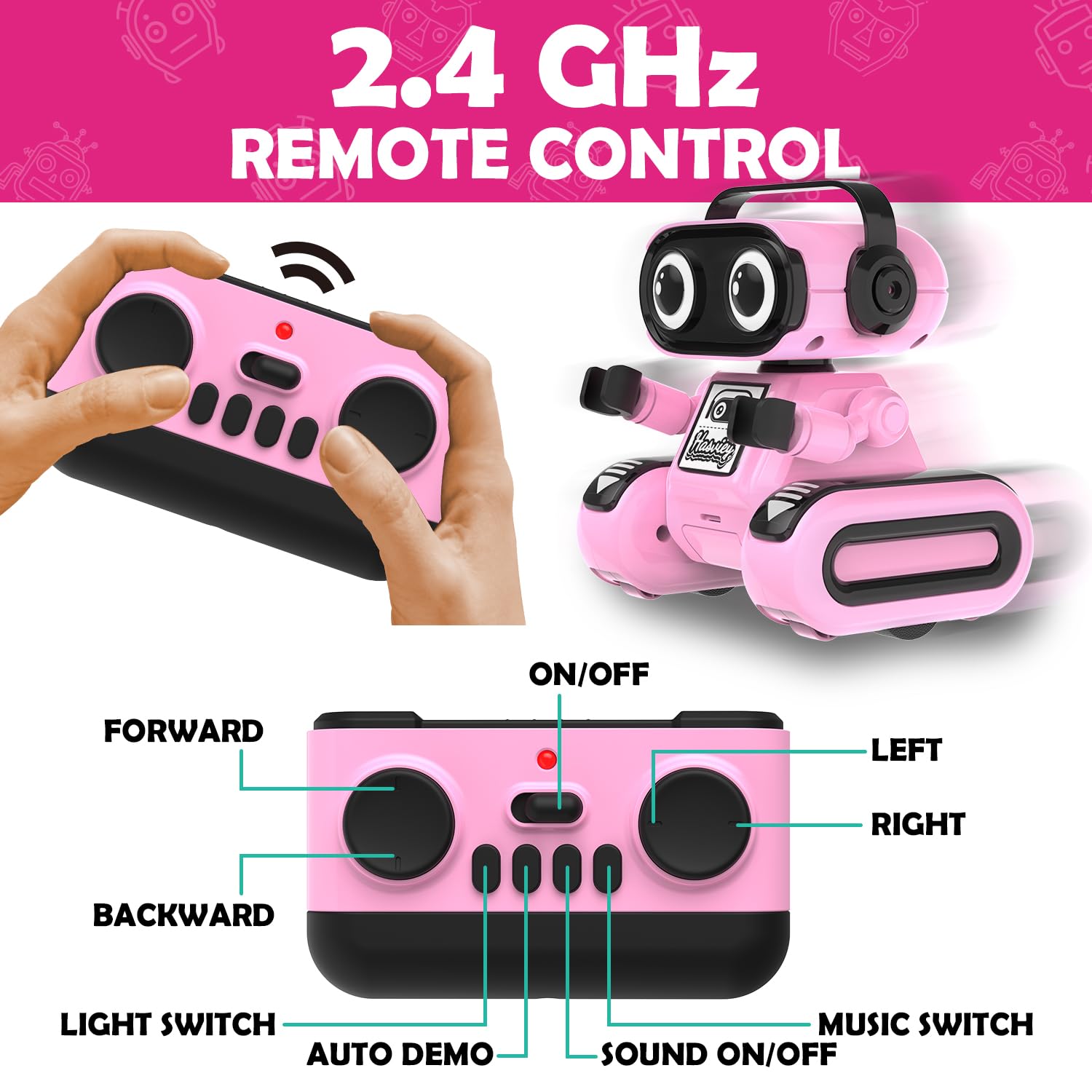 Hasviey pink robot toy LED eyes in dance mode for music moments